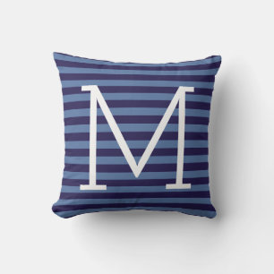 blå rand + monogram, snyggt kudde