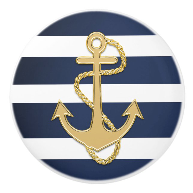 Blå Rand och Guld Anchor Nautical Knopp (Framsidan)