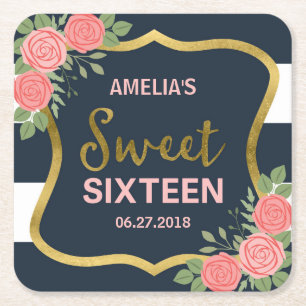 Blå Rand, Rosa ros Sweet sixteen Underlägg Papper Kvadrat