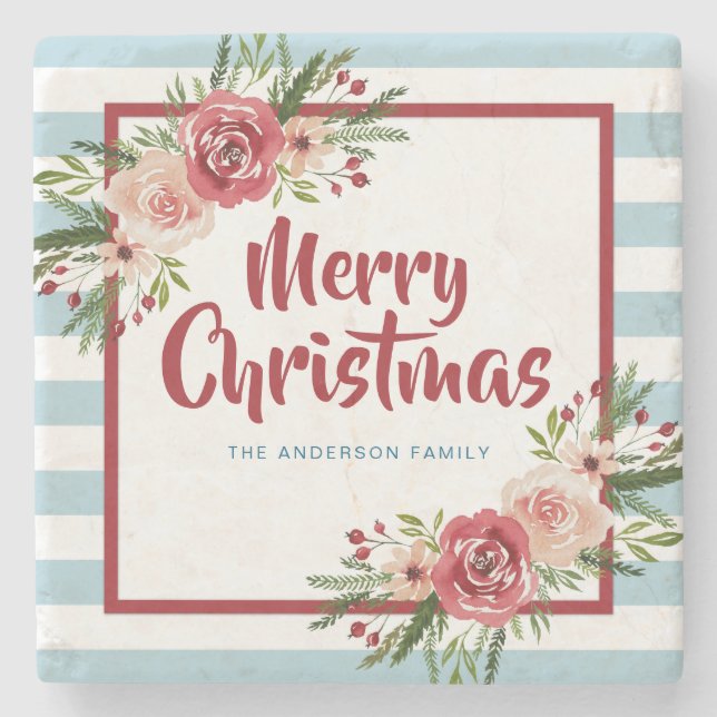 Blå Rand vattenfärg Blommor jul Stenunderlägg (Framsidan)