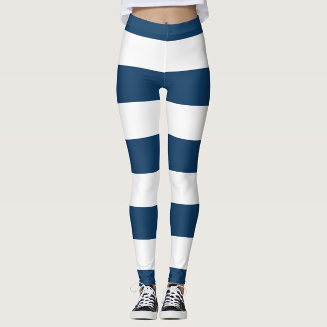 Blå Rand, vit Rand, stripe Mönster Leggings (Framsida)