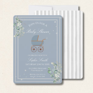 Blå Ränder Barnvagn Eukalyptus Baby Shower Inbjudningar