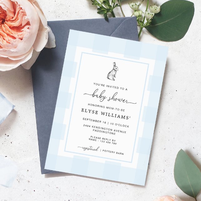 Blå randig baby shower-inbjudan med kanin inbjudningar (Baby Shower Invitation Blue Gingham Check Bunny Rabbit)