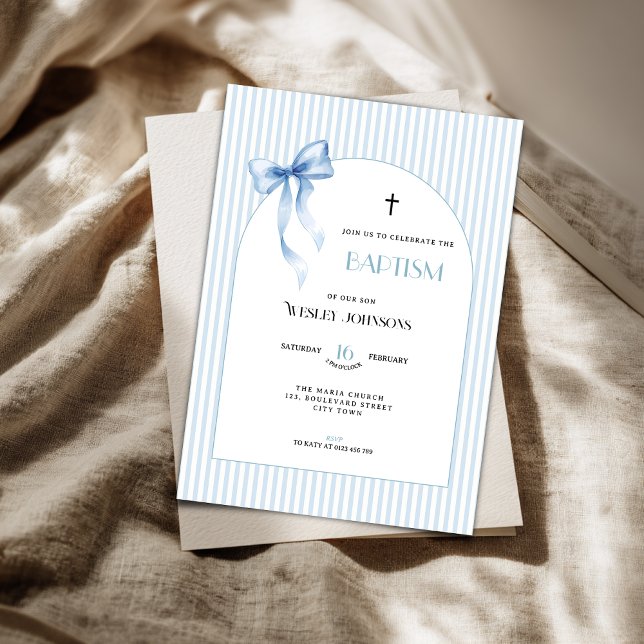 Blå randig dopinbjudan för pojkar med slinga inbjudningar (Blue pink baptism invitation for boys)