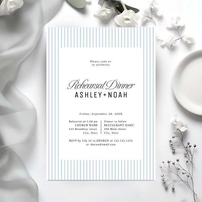 Blå randig elegans Klassisk middag före bröllopet Inbjudningar (Blue Striped Elegance Classy Rehearsal Dinner Invitation)