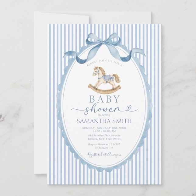Blå Randig Gunghäst Baby Shower  Inbjudningar (Framsida)