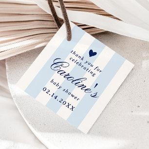 Blå randig hjärtans dag baby shower gåvor etiketter