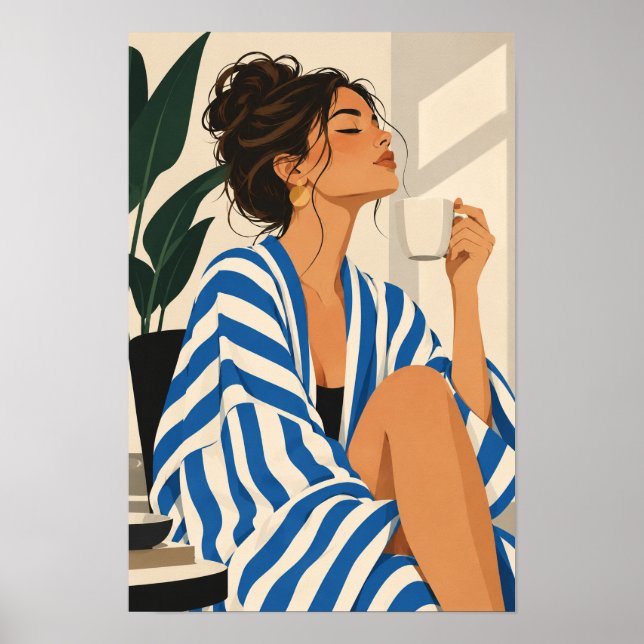 Blå randig klänning kvinna mode illustration poster (Framsidan)