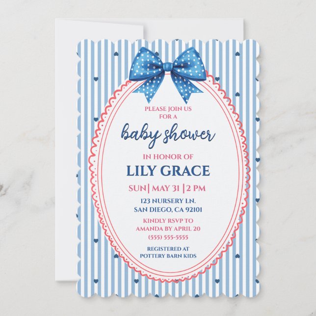 Blå randig och rosett baby shower inbjudan (Framsida)
