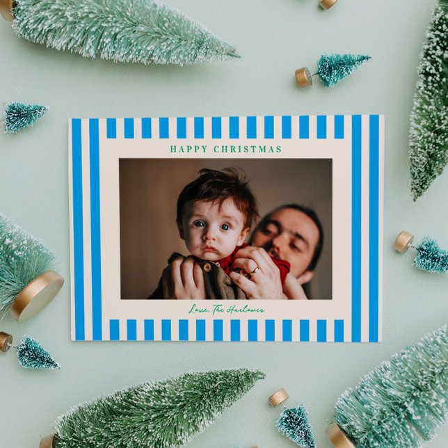 Blå randig pop med ett foto julfirande julkort (Pop of Blue Stripe One Photo Christmas Holiday Card)