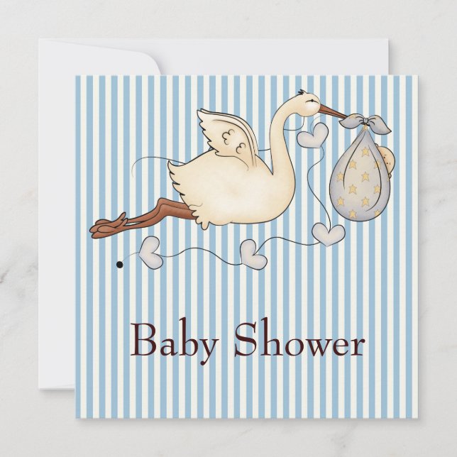 Blå randig stork Baby Boy Shower Inbjudningar (Framsida)