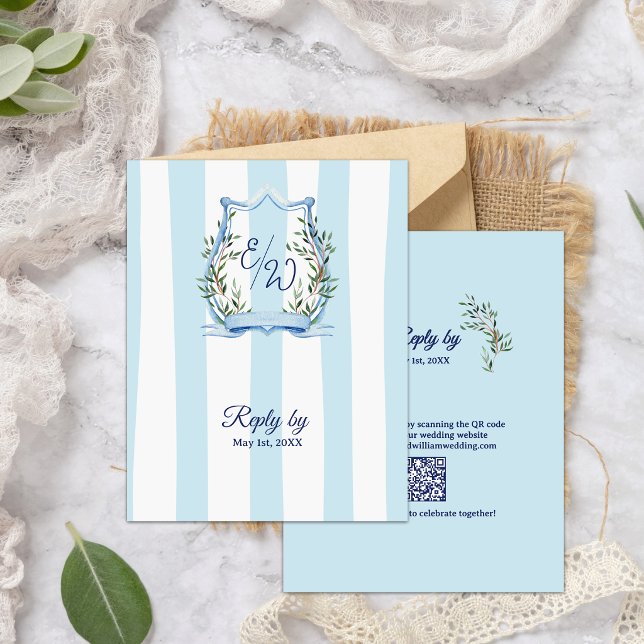 Blå randig trädgårdsmonogram QR-kod bröllop OSA Kort (Blue Stripe Garden Monogram QR Code Wedding RSVP Card | French Country Dusty Blue)