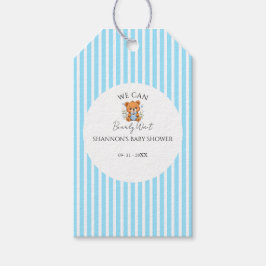 Blå randig vi kan knappt vänta baby shower presentetikett