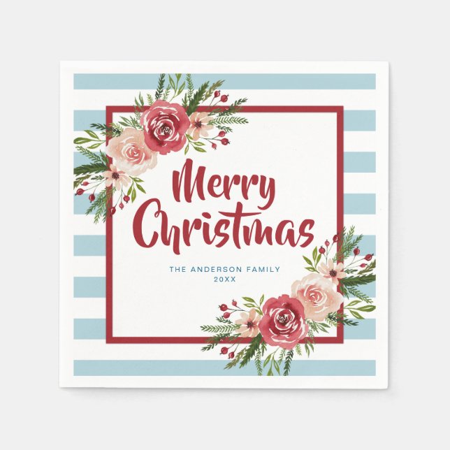 Blå randiga akvarellblommor jul pappersservett (Framsidan)