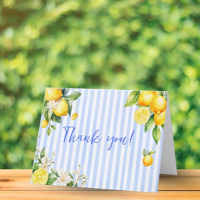 Blå randiga citroner Baby Shower Tacksamhetskort Tack Kort (Ciao Baby Blue Stripe Lemons Baby Shower Thank you card)