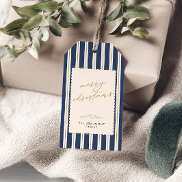 Blå randiga och scallopade julpresentkort presentetikett