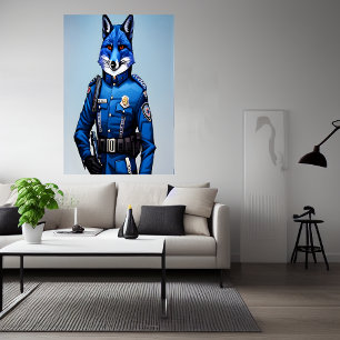 Blå räv i polisuniform AI Art Poster