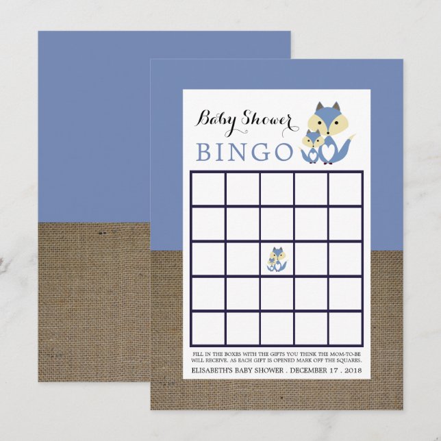Blå Räv Jute Baby Shower Bingo Inbjudningar (Fram/baksida)