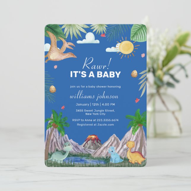 Blå Rawr Vulkan Berg Dinosaurie Baby Shower Inbjudningar (Stående Fram)