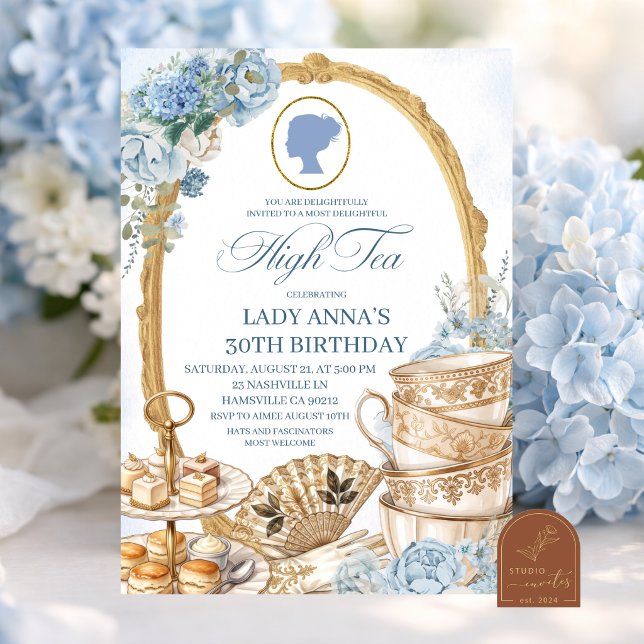 Blå Regency High Tea Födelsedagsfest Inbjudningar (Skapare uppladdad)