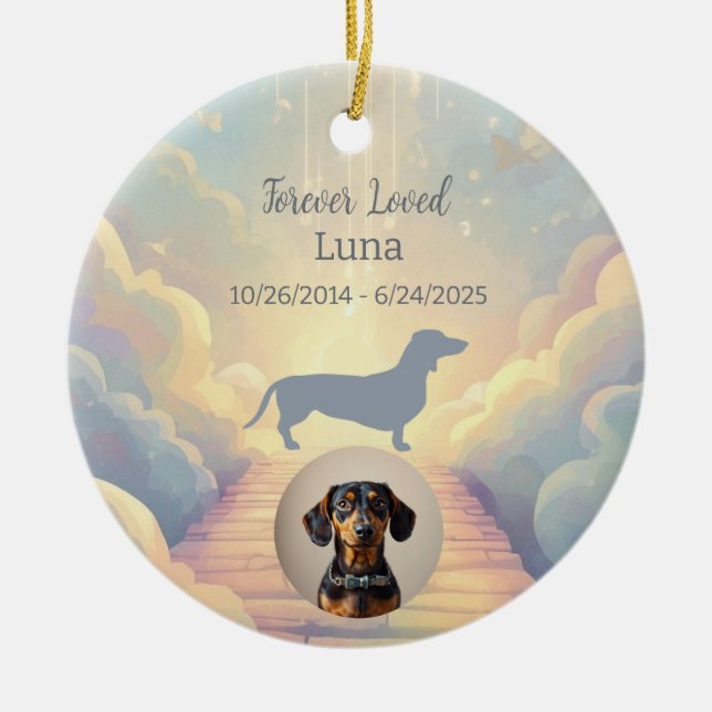 Blå Regnbågsbro Dachshund Minnesornament Julgransprydnad Keramik (Framsidan)