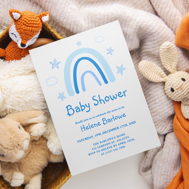 Blå regnbågsskugga för ljus Elegant Inbjudningar (Cute Elegant Blue Rainbow Baby Shower Invitation)