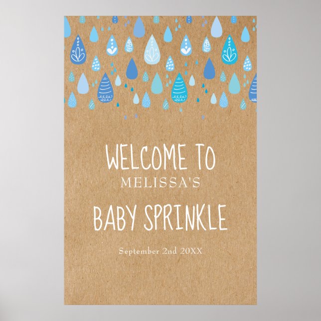 Blå regndroppar, Baby, sprinkle/Shower Välkommen Poster (Framsidan)