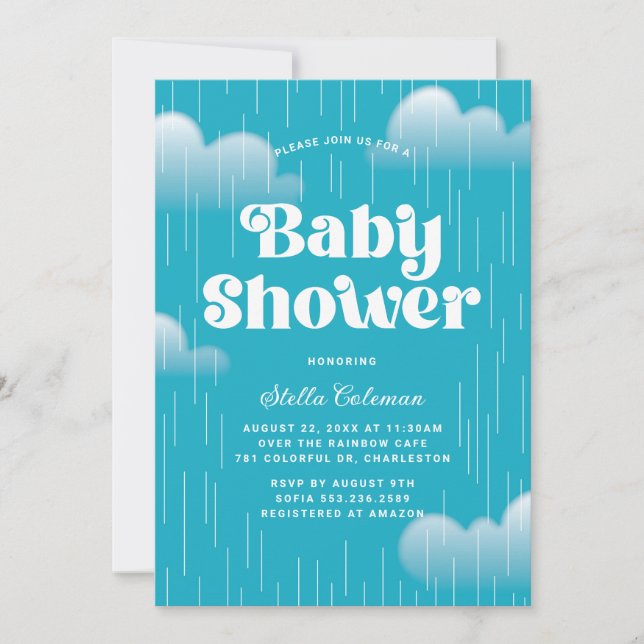 Blå regnmoln baby shower inbjudan (Framsida)
