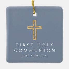 Blå religiöst kors första kommunion foto julgransprydnad keramik