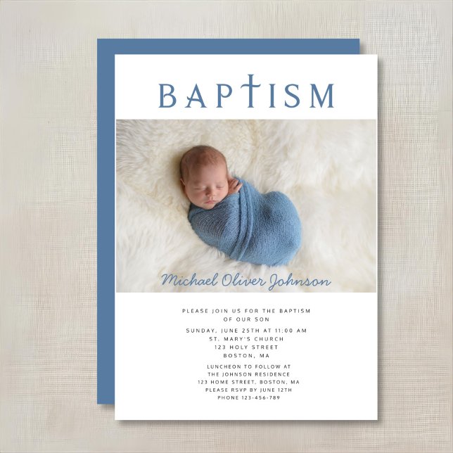Blå religiöst kors foto pojke dop  inbjudningar (Blue Religious Cross Photo Boy Baptism Invitation)