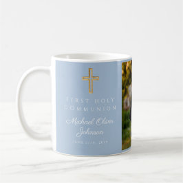 Blå religiöst kors pojke första nattvarden foto kaffemugg