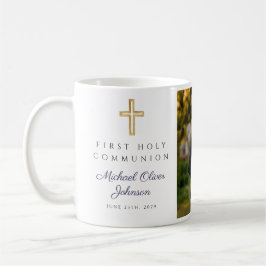 Blå religiöst kors pojke första nattvarden foto kaffemugg