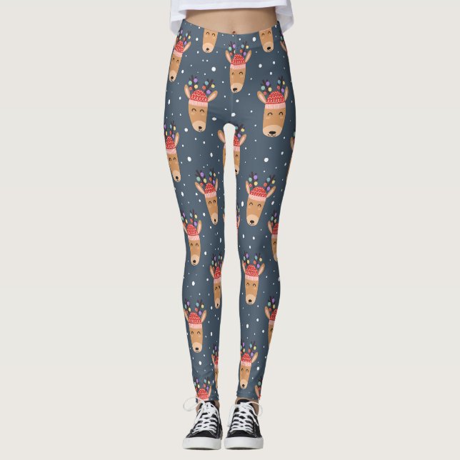 Blå Ren Lantlig Söt Whimsical Rolig Högtid Leggings (Framsida)