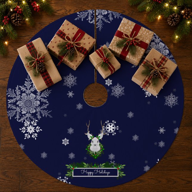 Blå Ren Trädskört Julgransmatta Fleece (Blue Reindeer Christmas Tree Skirt)