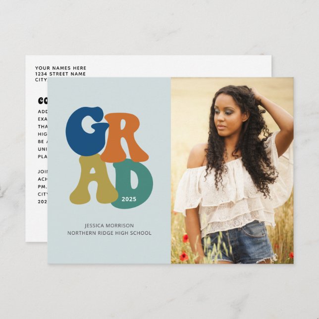 Blå Retro 70-tals examen 2023 Groovy Examen Vykort (Fram/baksida)