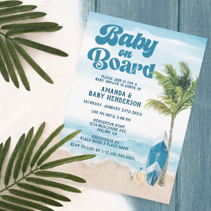 Blå Retro Baby Ombord Surf Baby Shower Inbjudningar