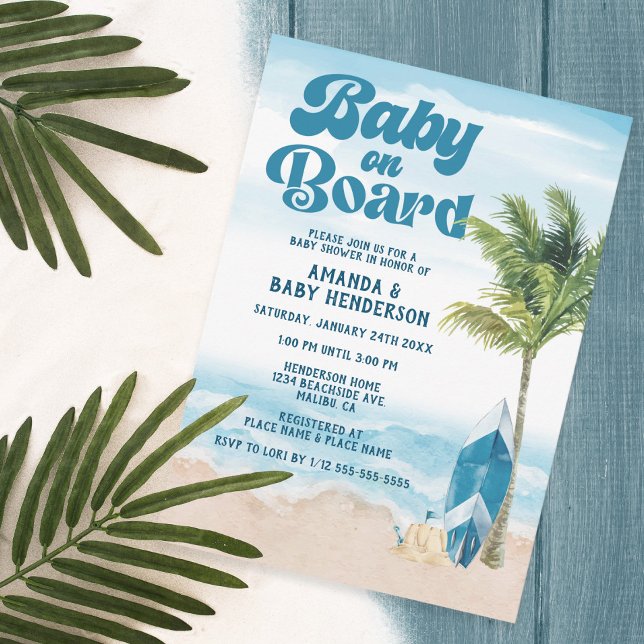 Blå Retro Baby Ombord Surf Baby Shower Inbjudningar (Skapare uppladdad)