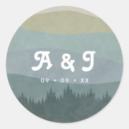Blå Retro Berg och Skog Bröllops Monogram Runt Klistermärke