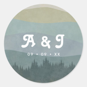 Blå Retro Berg och Skog Bröllops Monogram Runt Klistermärke