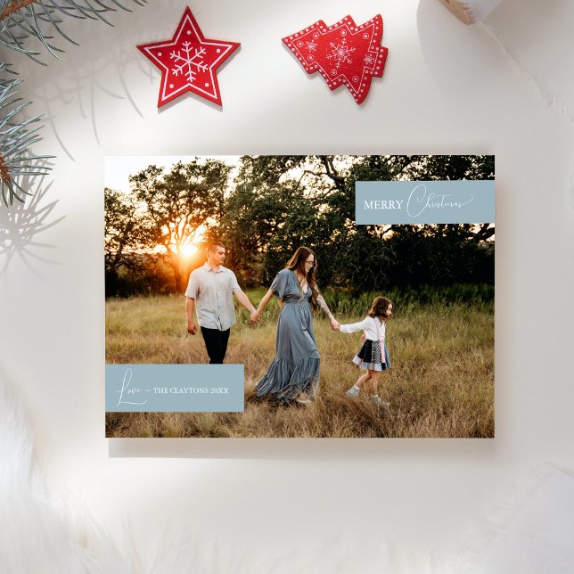 Blå Retro Boho Minimalistisk Familj Nyhets Foto Julkort (Skapare uppladdad)