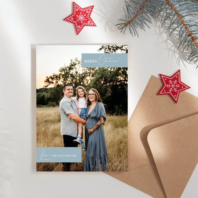 Blå Retro Boho Minimalistisk Familjeporträtt Julkort (Skapare uppladdad)