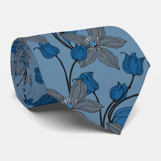 Blå retro etniskt elegant blommönster slips (Rullad)