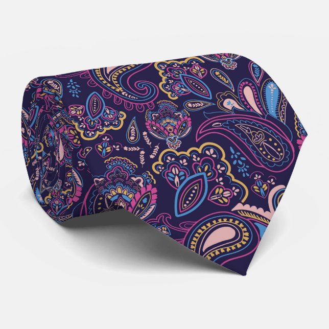 Blå retro etniskt vintage paisley blommönster slips (Rullad)