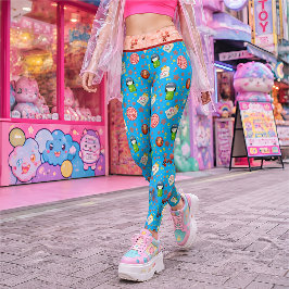 Blå Retro Japansk Maneki Neko Katt och Geisha Leggings