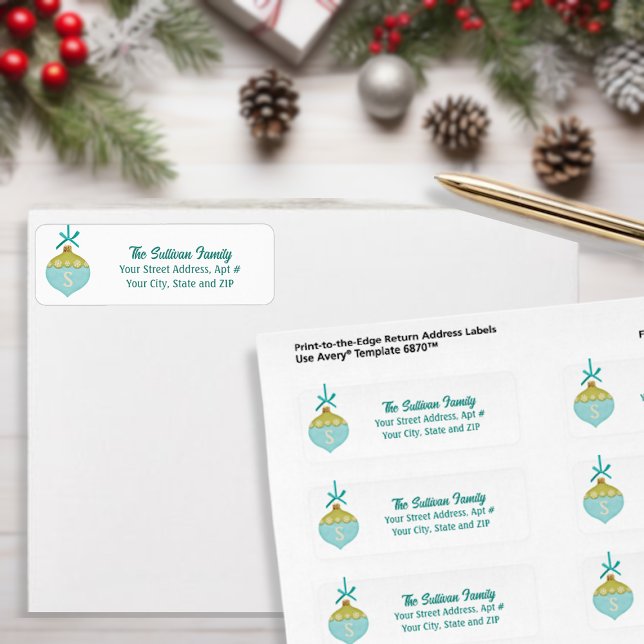 Blå Retro-julprydnadsmonogram Returadress Etikett (Skapare uppladdad)