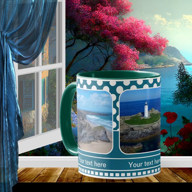 Blå Retro Polka döpt dina foton Mugg (Retro blue teal photo mug with white polka dots )