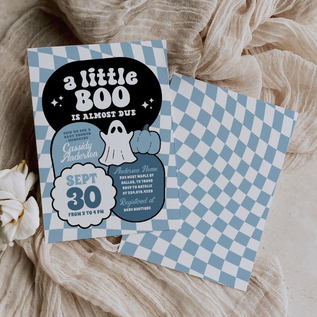 Blå Retro Rutig 'Lilla Boo' Bebis Shower Inbjudningar (Skapare uppladdad)