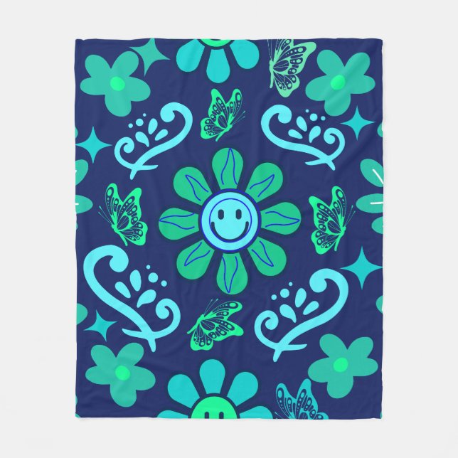 Blå Retro Stil Blommig och Sol Symbol Mönster Fleecefilt (Framsidan)