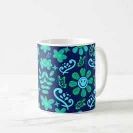 Blå Retro Stil Blommig och Sol Symbol Mönster Kaffemugg