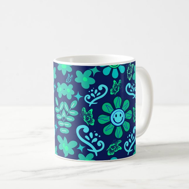 Blå Retro Stil Blommig och Sol Symbol Mönster Kaffemugg (Framsida höger)